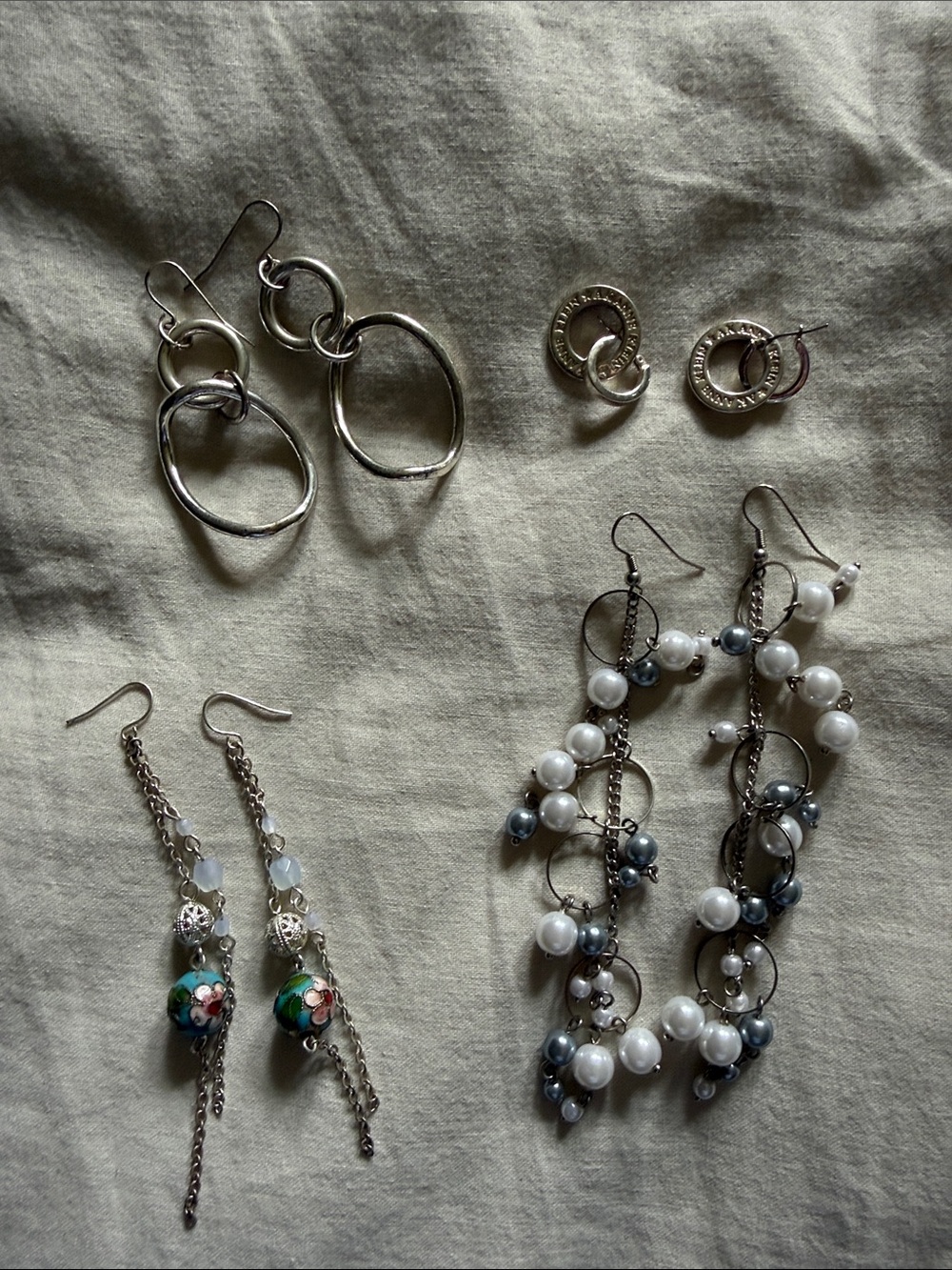 Lot of 4 pairs Silver and Pearl Dangle Earrings - Elegant Mixed-Metal Design